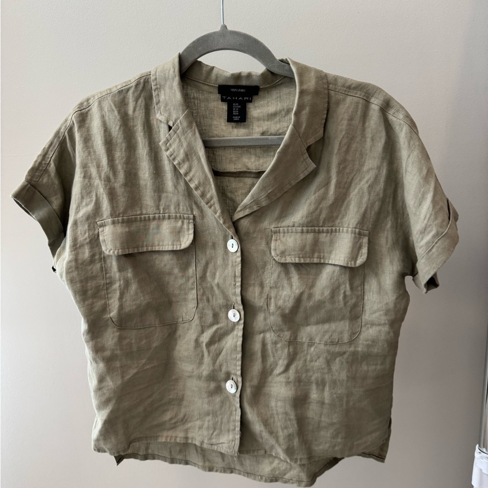 Tahari Olive Green 100% linen Button-Up Top
